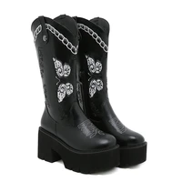 thick soled tall but knee high 8cm butterfly embroidered boots sleeve a foot to board western boots retro womens boots fashion