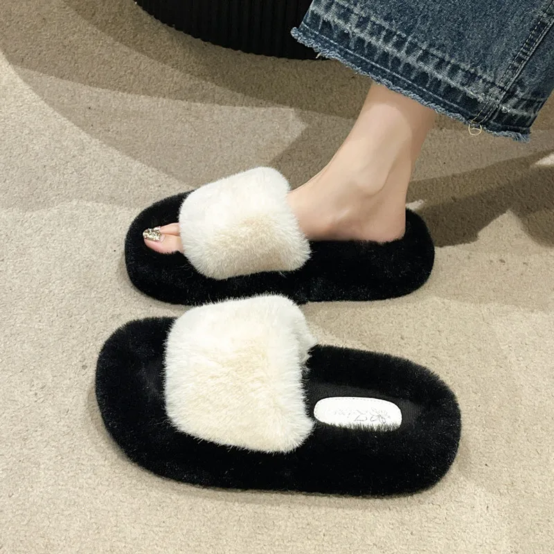 

Winter Open Toe Fuzzy Slipper Fashion Fur Thick Sole Flats Heel Ladies Casual Slip On Bedroom Shoes Soft Outdoor Slides Shoes
