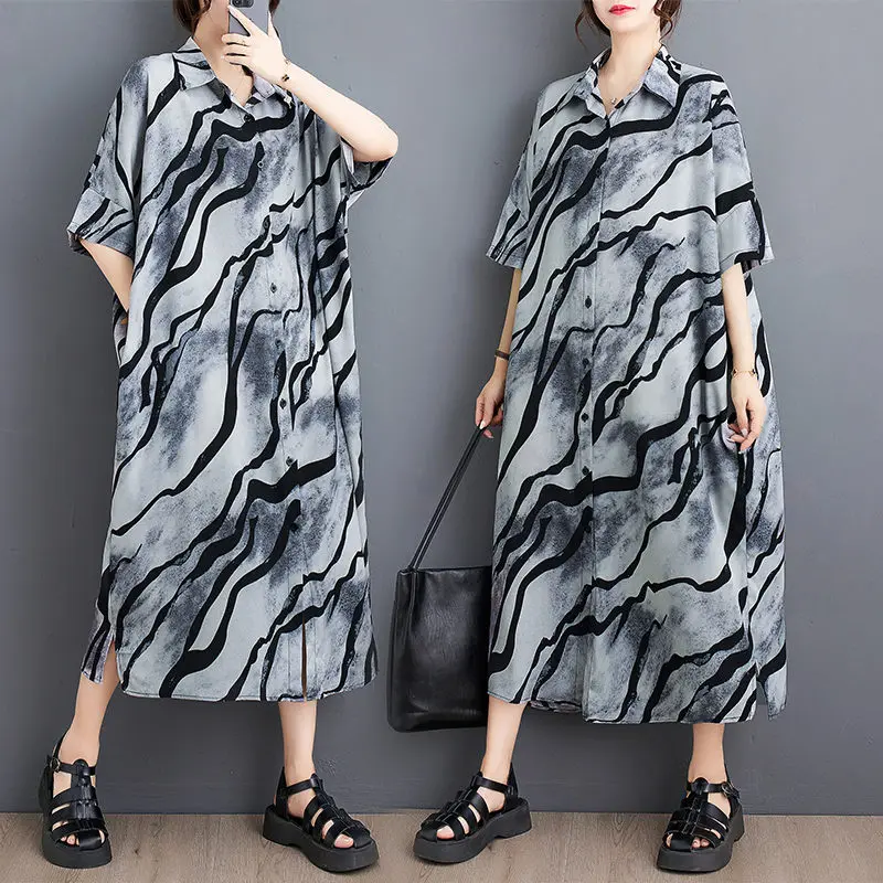 

Large Size Women's Clothing 2023 Summer New Loose Retro Ink Print Medium Length Short Sleeve Shirt Dress Z1656