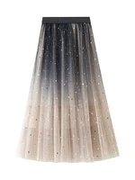 new fashion casual women mesh midi pleated skirt starry gradient print sequin high waist ladies elegant aesthetic streetwear