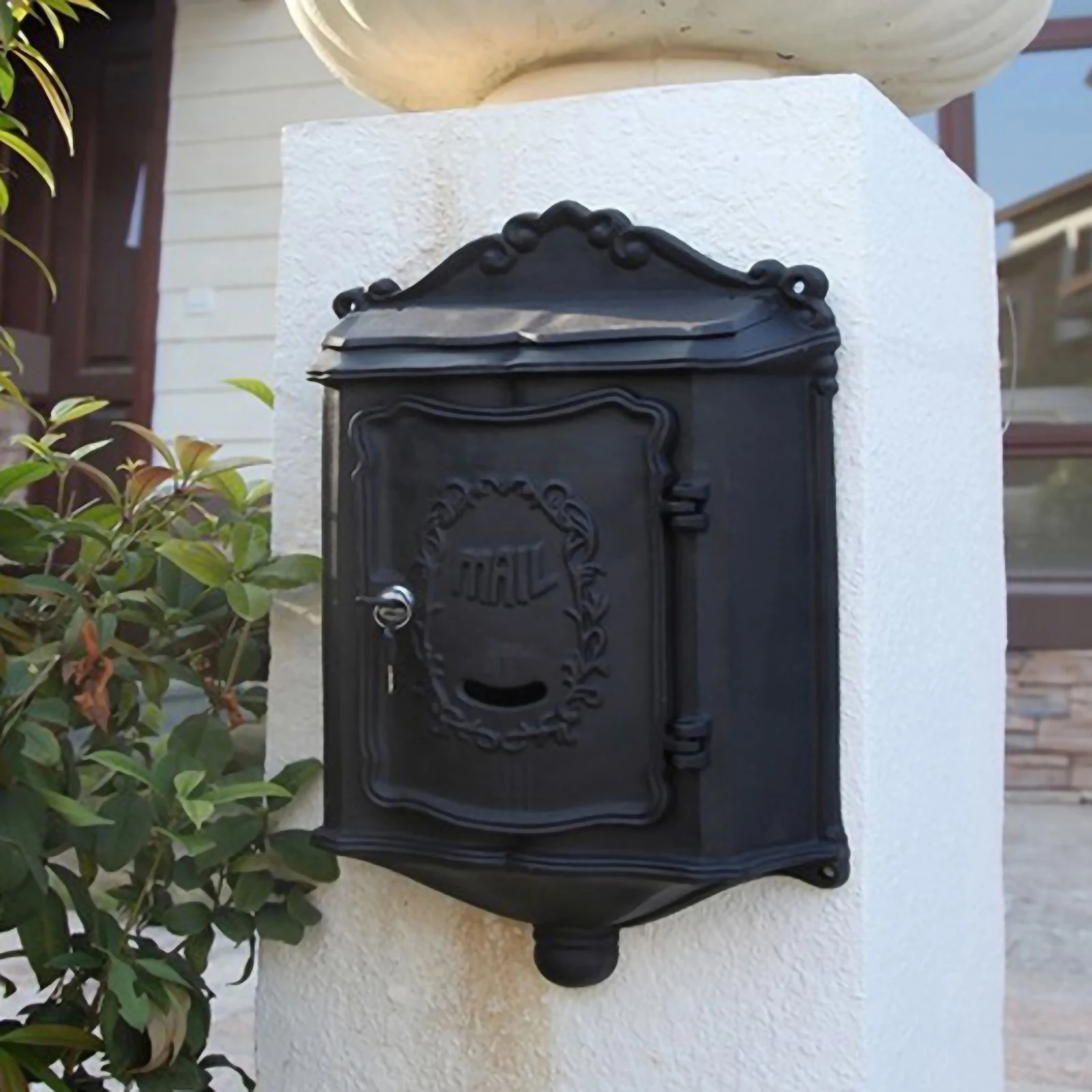 

European Cast Aluminum Lockable Mailbox - Outdoor Post Letter Box, Wall-Mounted Luxury Design in Black - High-Quality