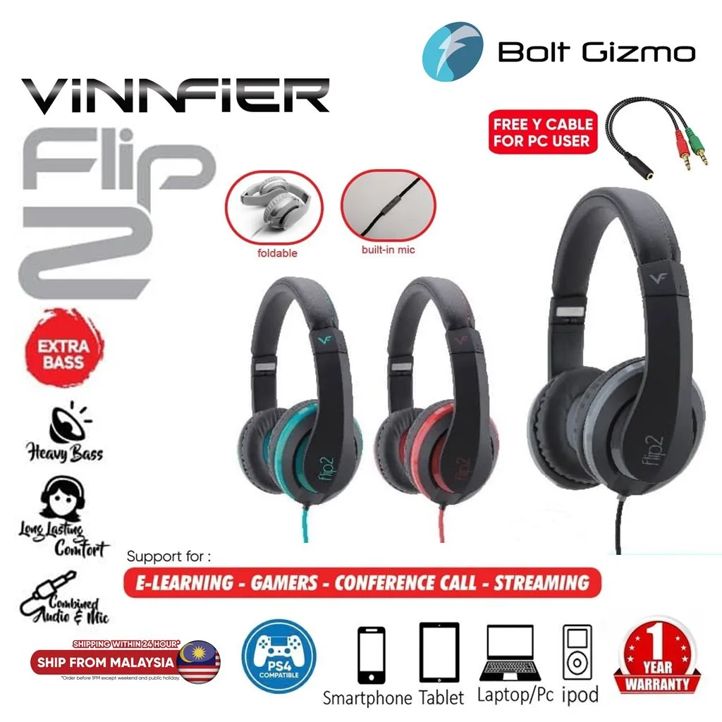 

Vinnfier Flip 2 Foldable Wired Headphone Headset with Microphone in line.