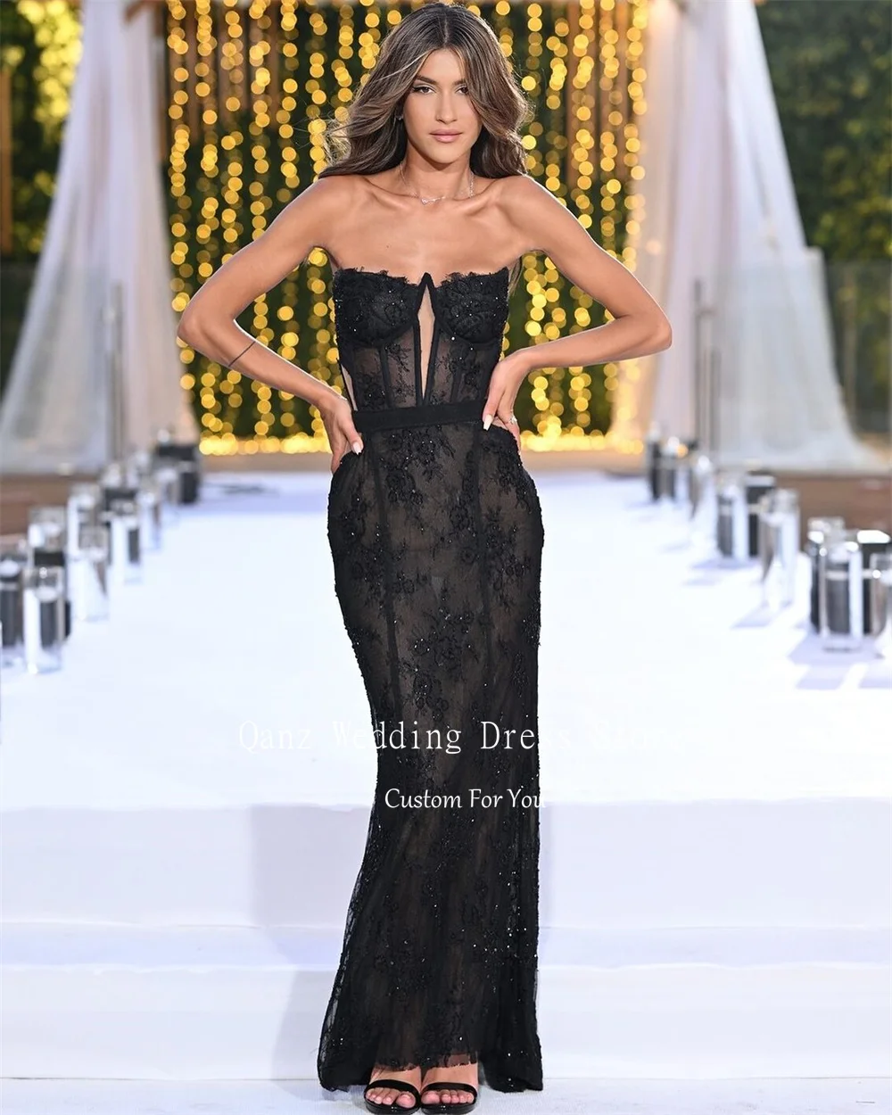 Qanz черные роскошные Выпускные платья Русалка без рукавов кружевные женские для
