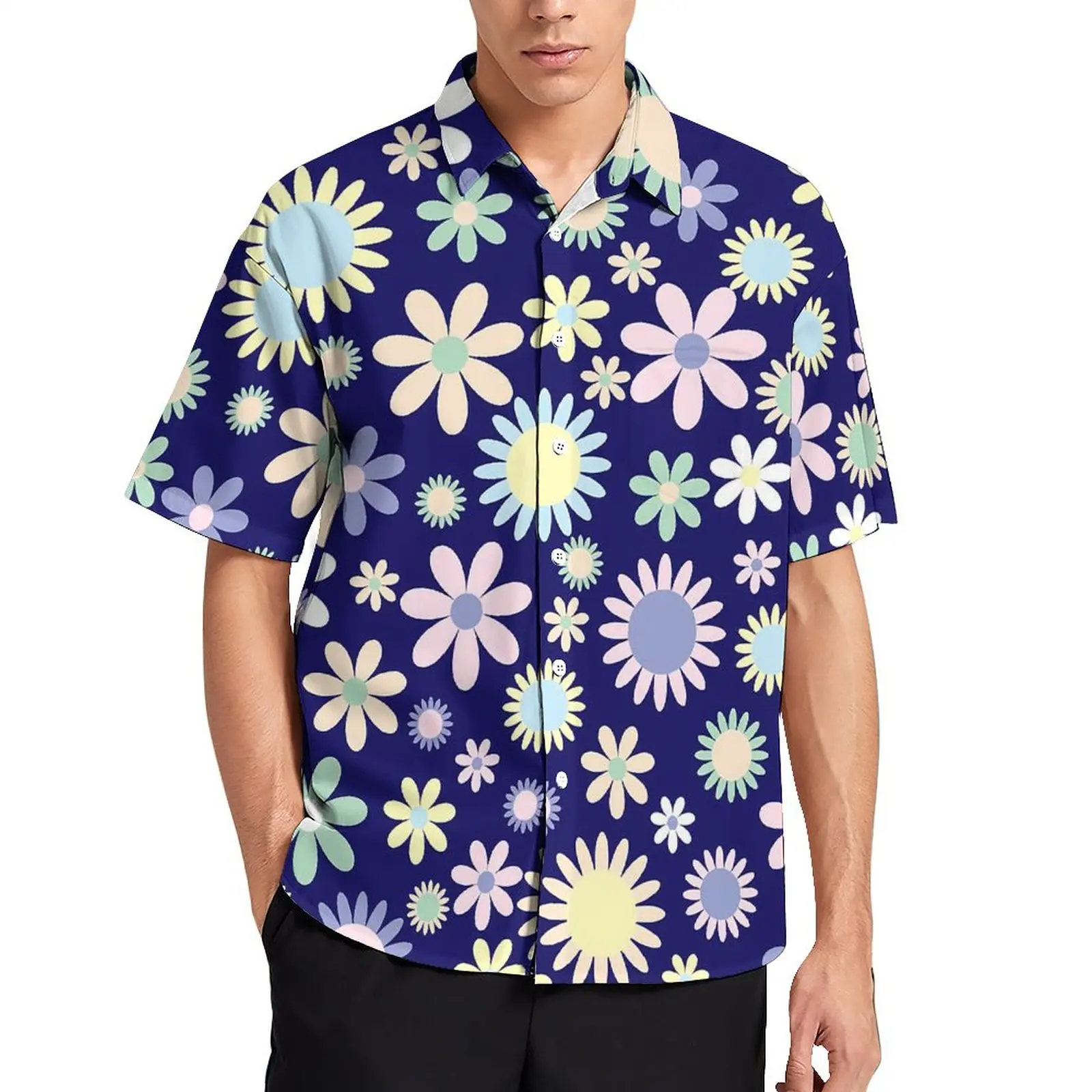 

Field of Daisy Casual Shirts Flower Power Print Beach Shirt Hawaii Y2K Blouses Mens Printed Big Size