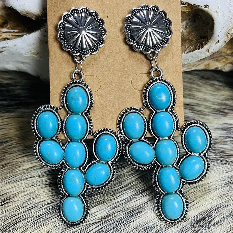 

2023 European and American Fashion Ethnic Style Turquoise Earrings Cactus Retro Alloy Western Cowboy Earrings for Women Girl