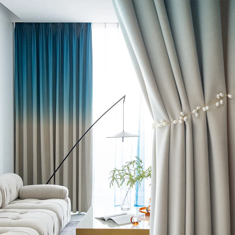 

Modern Light Luxury Blue Gradient Blackout Curtains American High-end Blinds Drapes Tulle Curtain For Living Room Bedroom #4