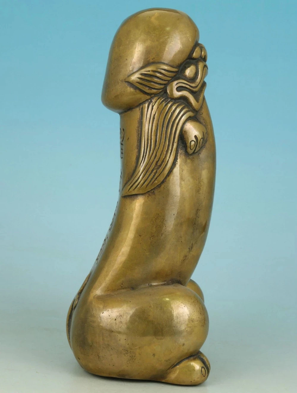 Agradable asiático de bronce antiguo chino tallado pene Dios recoger estatua figura Adorno