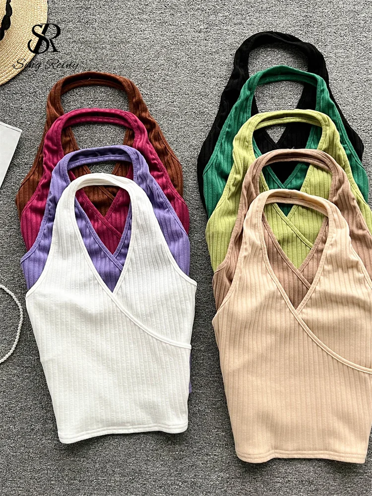 

LIRUICHENG Korean Style Summer Women Camisole 2023 Harajuku Solid V Neck Halter Backless Ladies Knit Beach Slim Tank Top