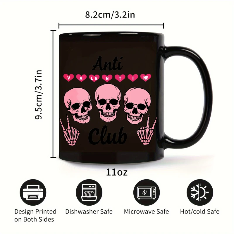 Фото Черная кружка Anti-Valentine's Club с розовым черепом и сердечком, подходит в качестве подарка на День святого Валентина. №3