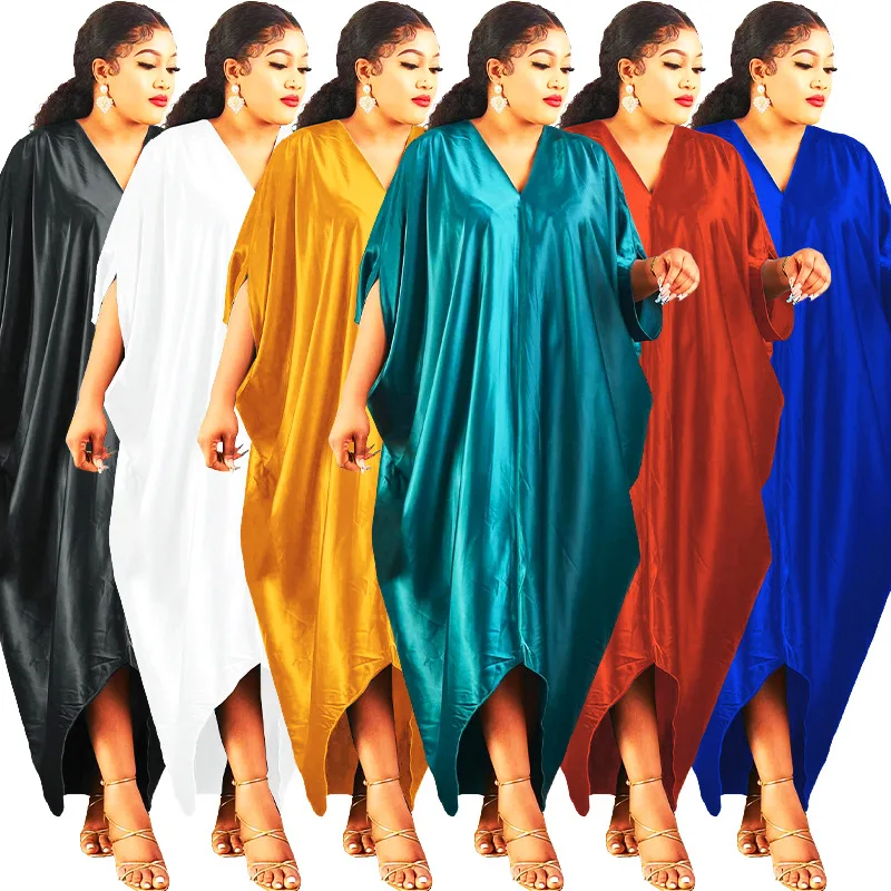 

African Dresses For Women dress Robe Africaine Abaya Kaftan Dress Muslim Solid V Neck Bat Sleeve Vestidos Partyclub 2022