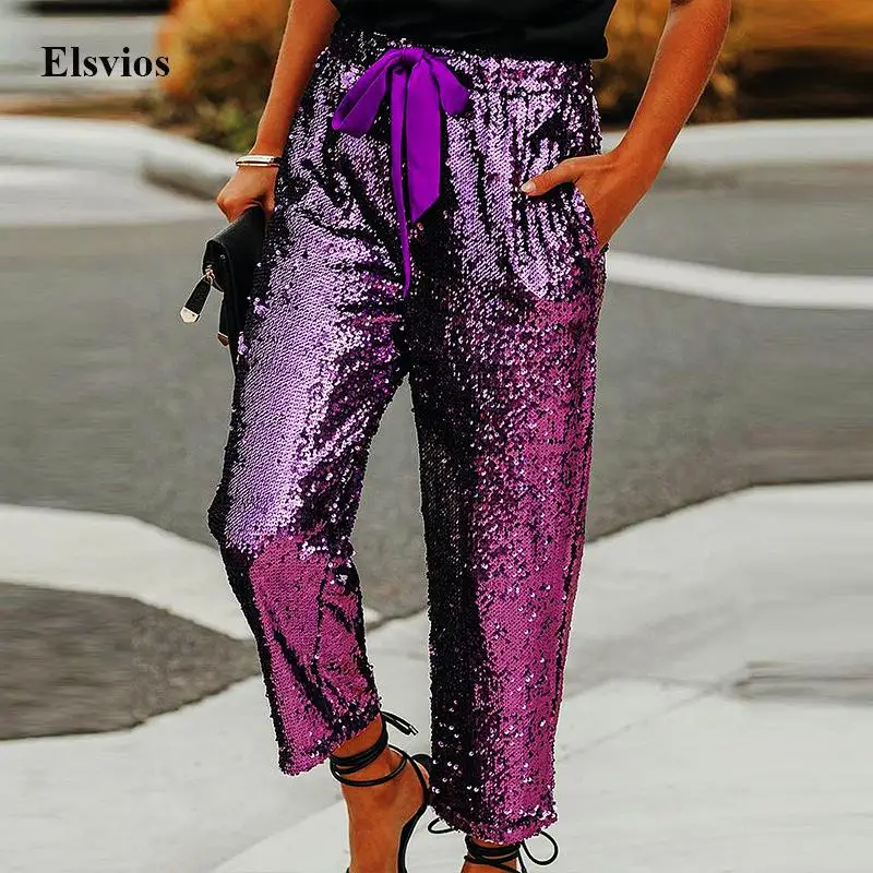 

Casual Loose High Waist Women Trousers Elegant Bandage Bow Glitter Shiny Party Pants Fashion Spring Autumn Sequin Long Pant 2022