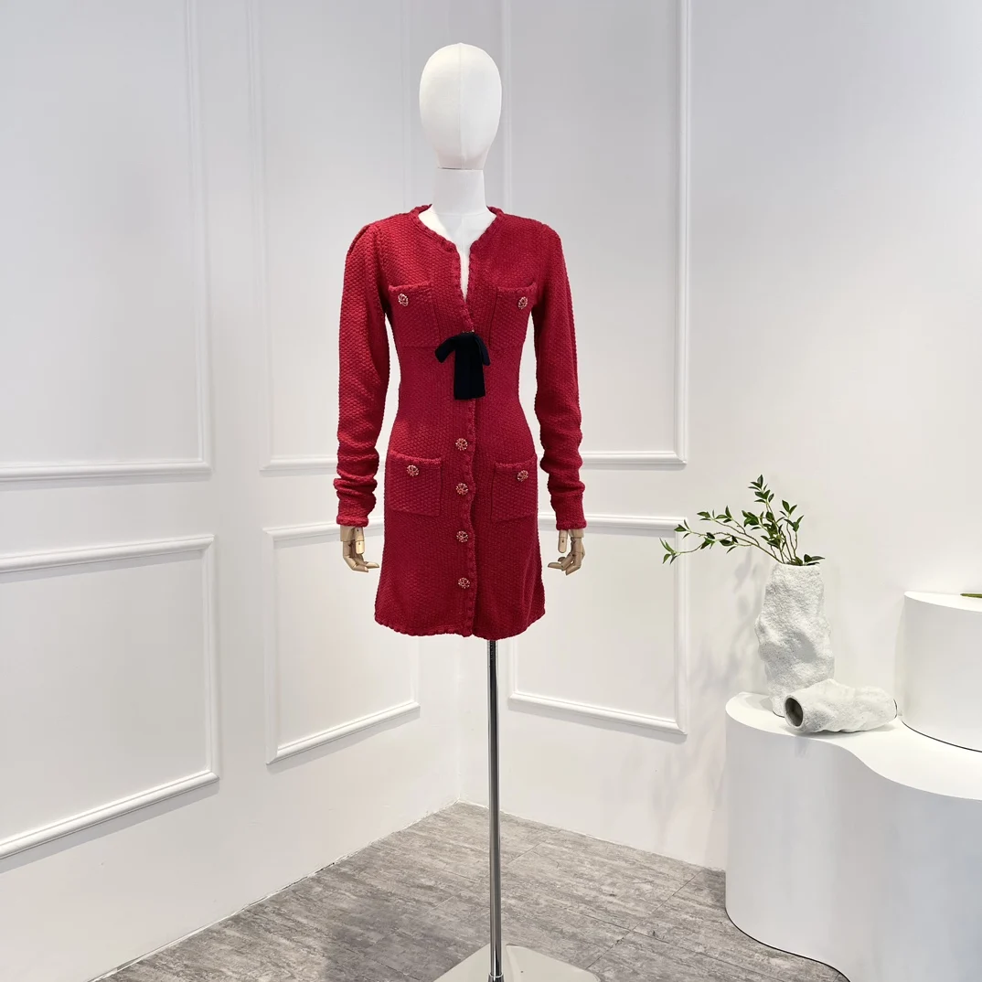 

2022 Autumn Winter New Collection High Quality Elegant Red Knitted Sweater Mini Dress for Women