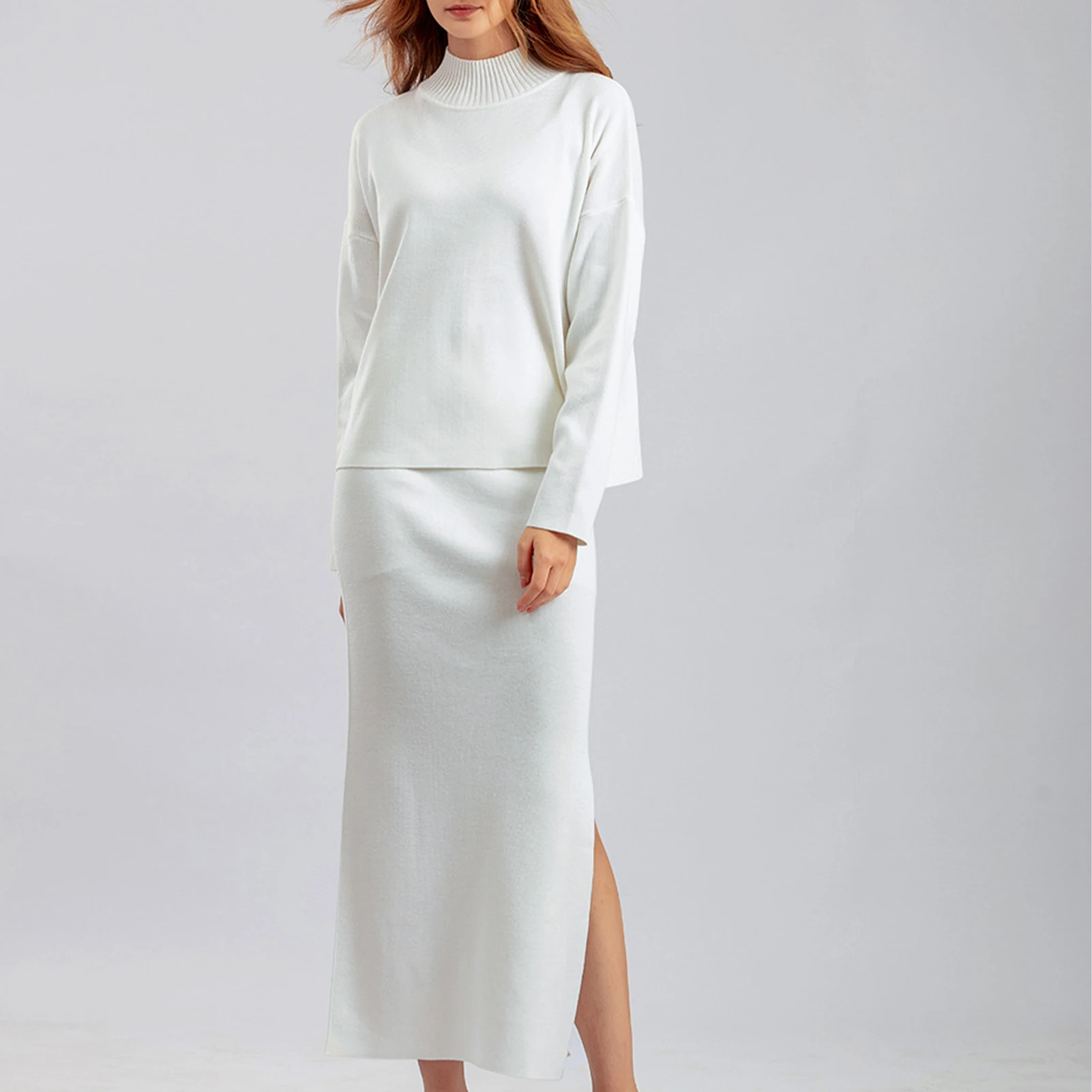 

Женский свитер с длинным рукавом, юбка макси, пуловер с высоким воротником и спущенными плечами, юбка-свитер свободного кроя, простой стиль, наряд для отпуска