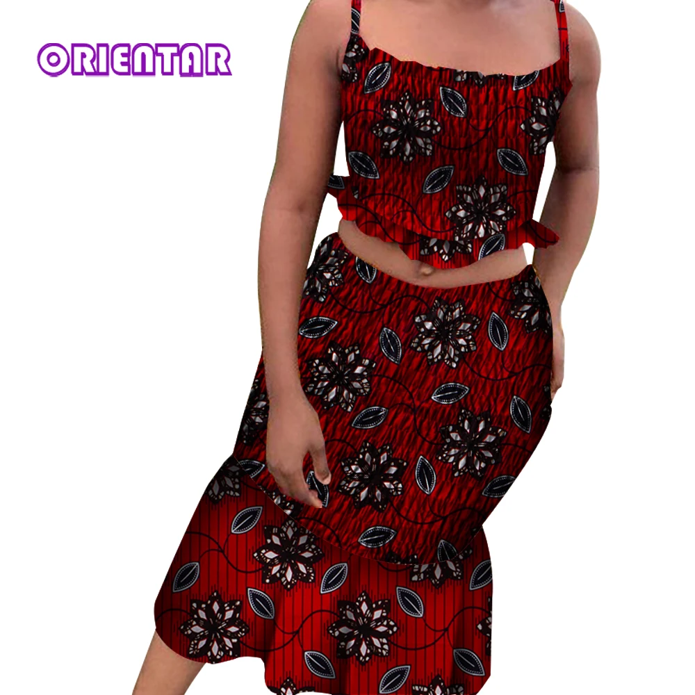 African Outfit for Women Sleeveless Crop Tops and Skirt African Print 2 Pieces Set Elastic Camisole Skirts Suits Set WY4421