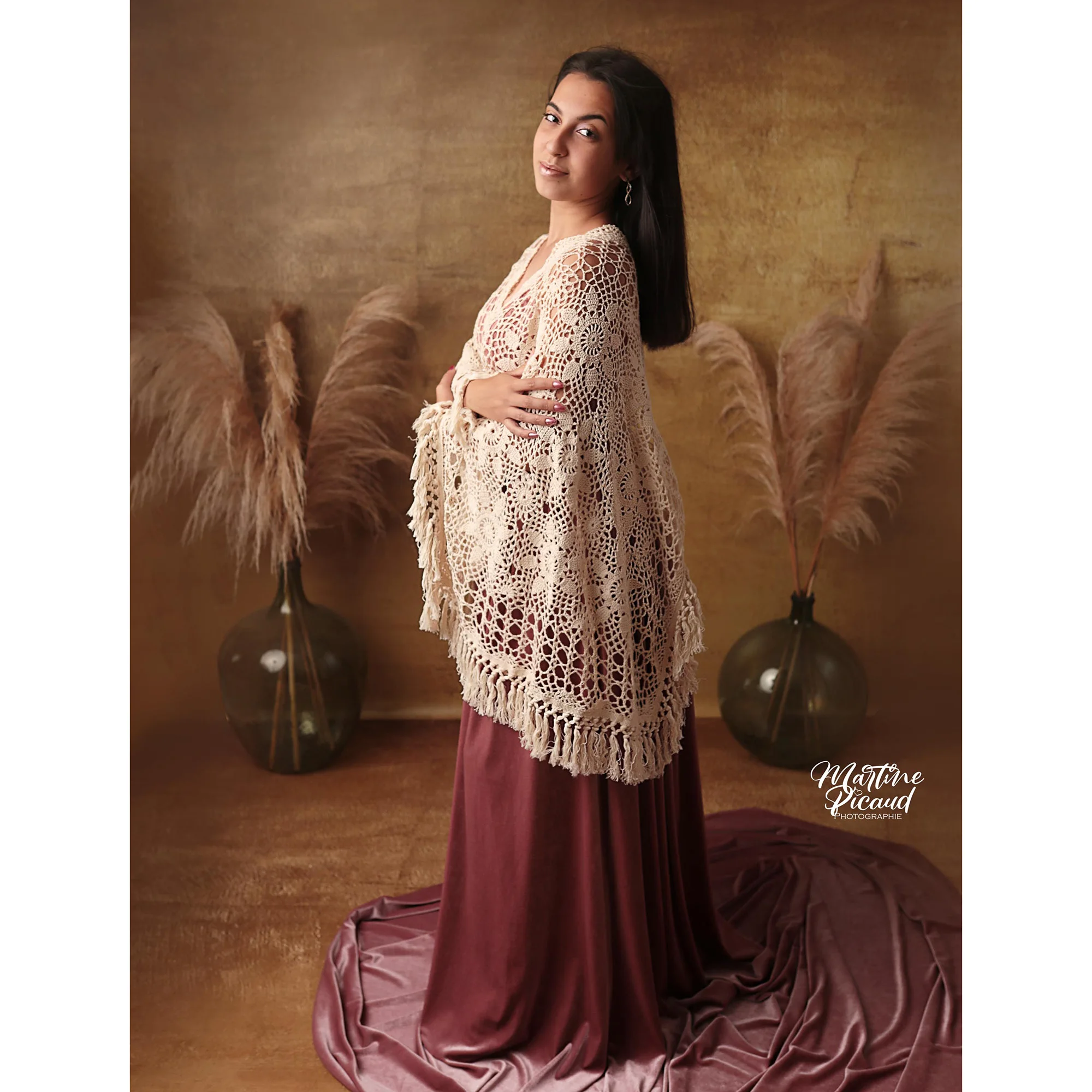 Photo Shoot Props Boho Hand Crochet Cotton Top Maternity Dress Pregnancy Velvet Gown for Woman Photography Robe Baby Shower Gift enlarge