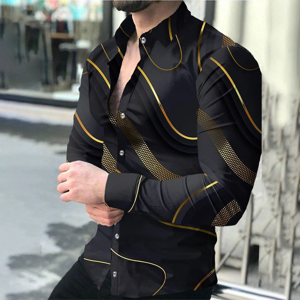 Fashion Button Down Shirt Men Printed Long Sleeve Tee Vintage Party Dress Shirt Casual Pint Tops L-4XL