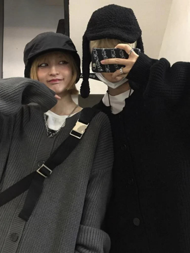 

2023 Повседневный винтажный Y2k эстетичный женский мужской однотонный японский гранж вязаный кардиган свитер осень Харадзюку свободный ленивый кардиган