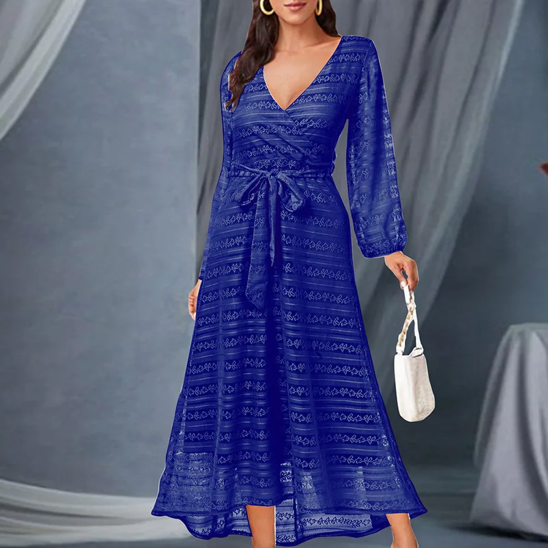 

Женское длинное офисное платье-трапеция, элегантное кружевное платье с поясом и длинным рукавом, шикарное платье макси с V-образным вырезом,...