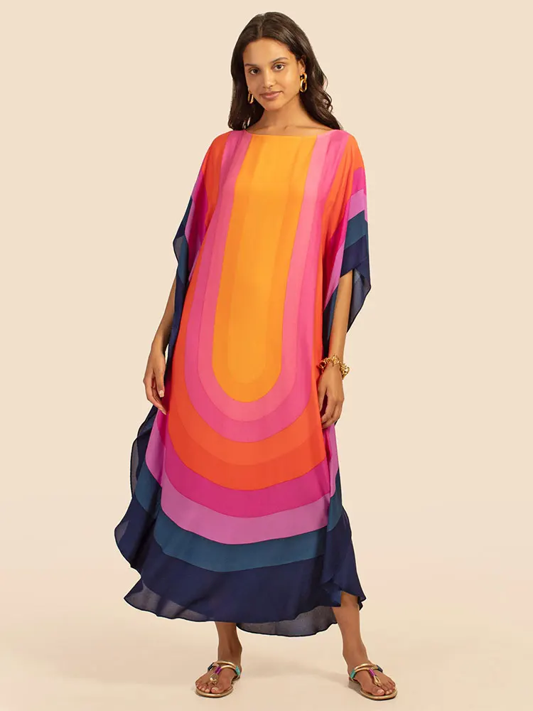

Rainbow Print Bathing Suit Cover Ups 2022 Kaftan Bohemian Batwing Sleeve Street Maxi Dress Women Beach Wear Swim Suit Cover Up