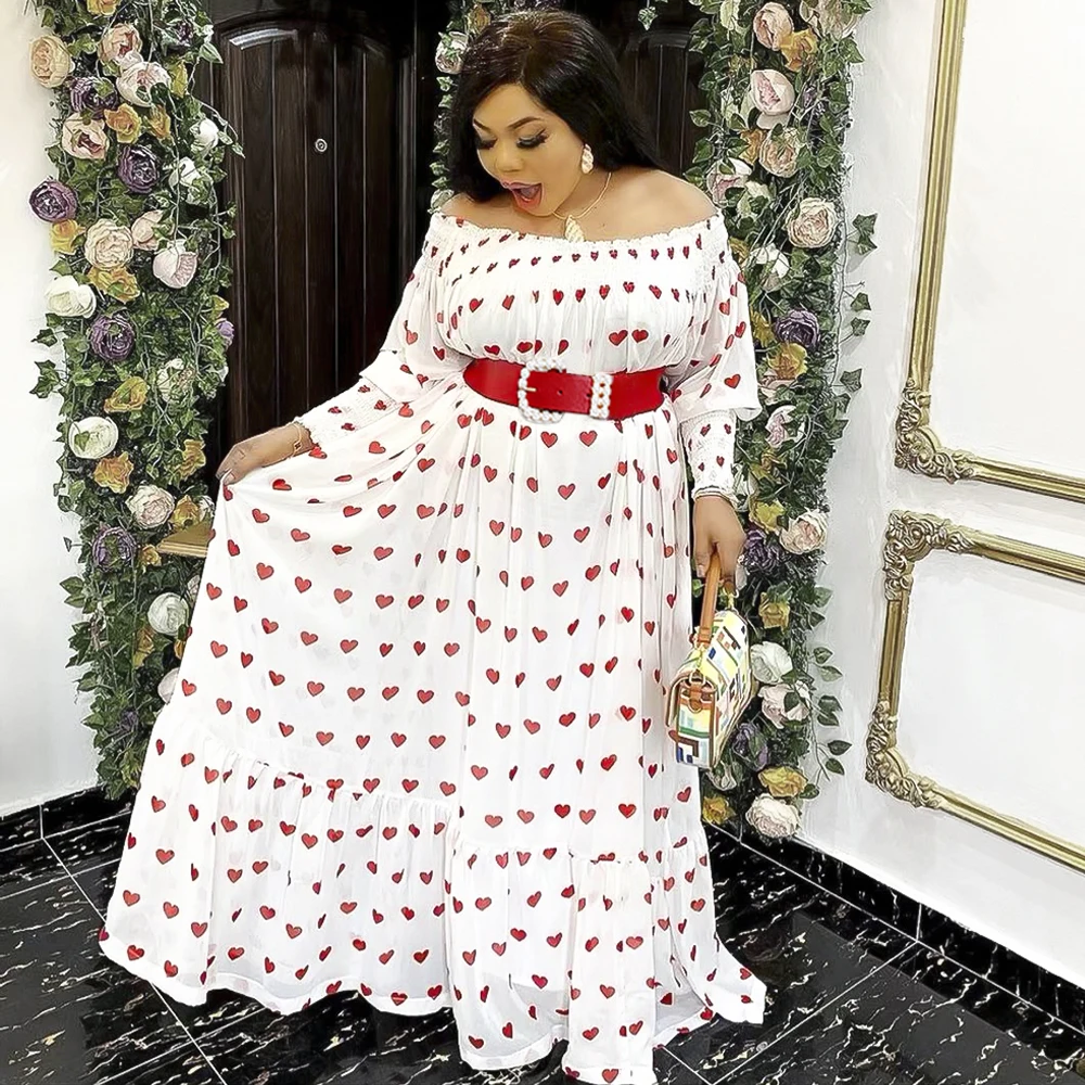 

MD Plus Size Dresses For Women 2022 Elegant Wedding Party Prom Gowns Off Shoulder Long Dress Print Chiffon Robe Femme Africaine