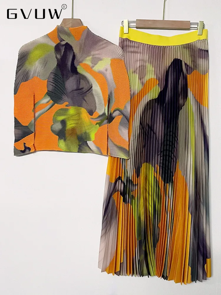 Женский плиссированный костюм GVUW Осенний облегающий топ с воротником-стойкой и