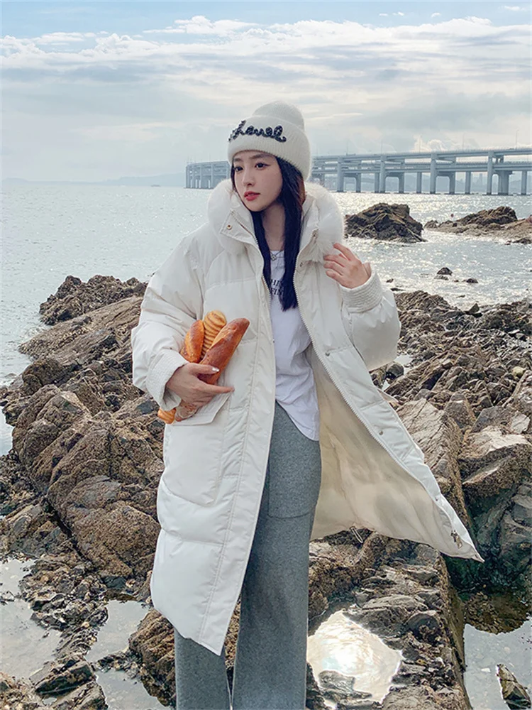 Down Cotton Coat Women White Long Fur Hooded Parkas 2022 Winter New Fashion Korean Design Visual Temperament Sweet Cute Clothing