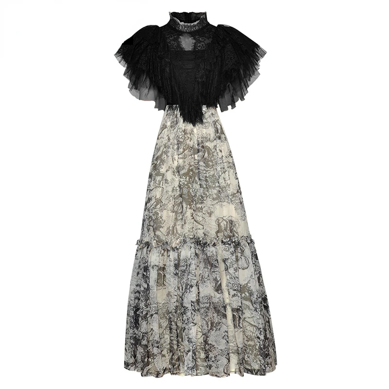 

Dresses For Women 2022 Luxury Designer Runway Elegant Autumn Long Turtleneck Butterfly Sleeve Vintage Print High Waist Dress