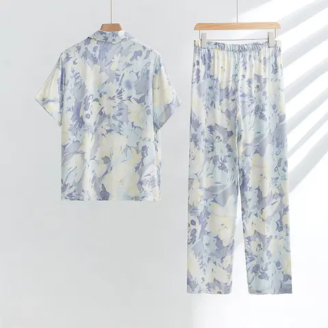Женские пижамные костюмы из двух предметов на весну и лето, пижамы с длинными рукавами и цветочным принтом, удобные атласные топы из материала с брюками, пижамы