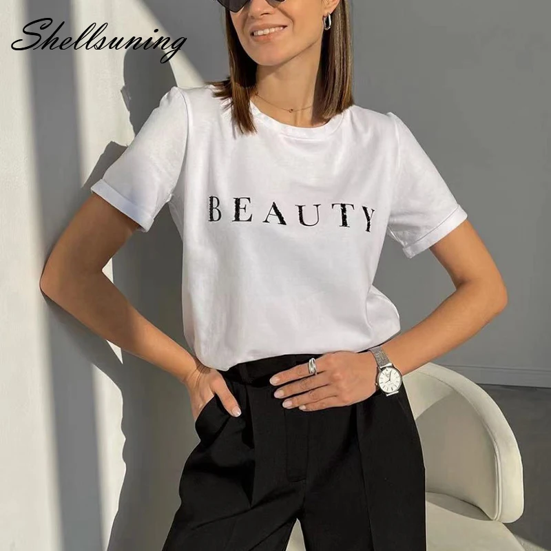 

Shellsuning Simple Letter Printed T Shirt Women Summer Loose Short Sleeve Tops Leisure O-neck Cotton Soft Fashion Female Clothes