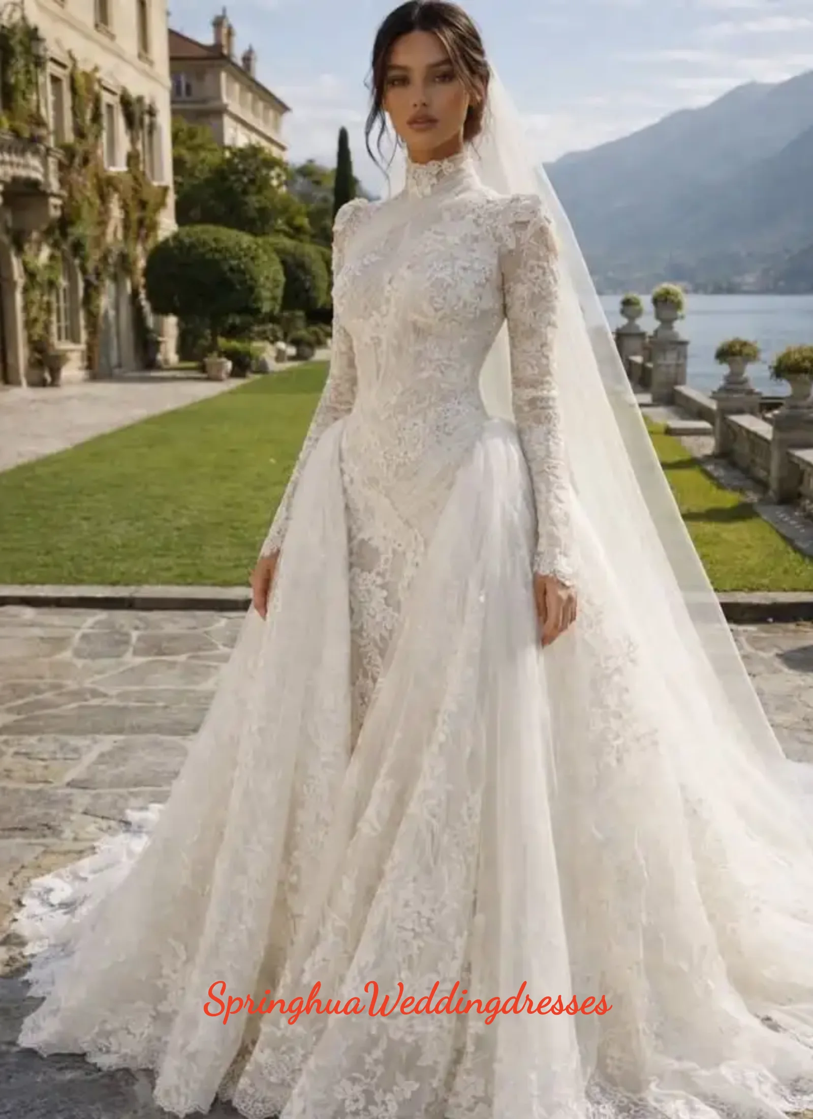 Фото Свадебные платья на заказ 2026: Роскошное винтажное платье Vestidos De Novias Iglesia с кружевом и длинными рукавами, съемное, 2 в 1 №1