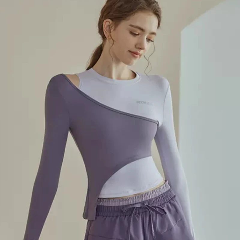 F.DYRAA Women Patchwork Color Sports Shirts Fake Two Pieces Off Shoulder Yoga Shirts Irregular Hem Tops Fitness Gym Sportswear