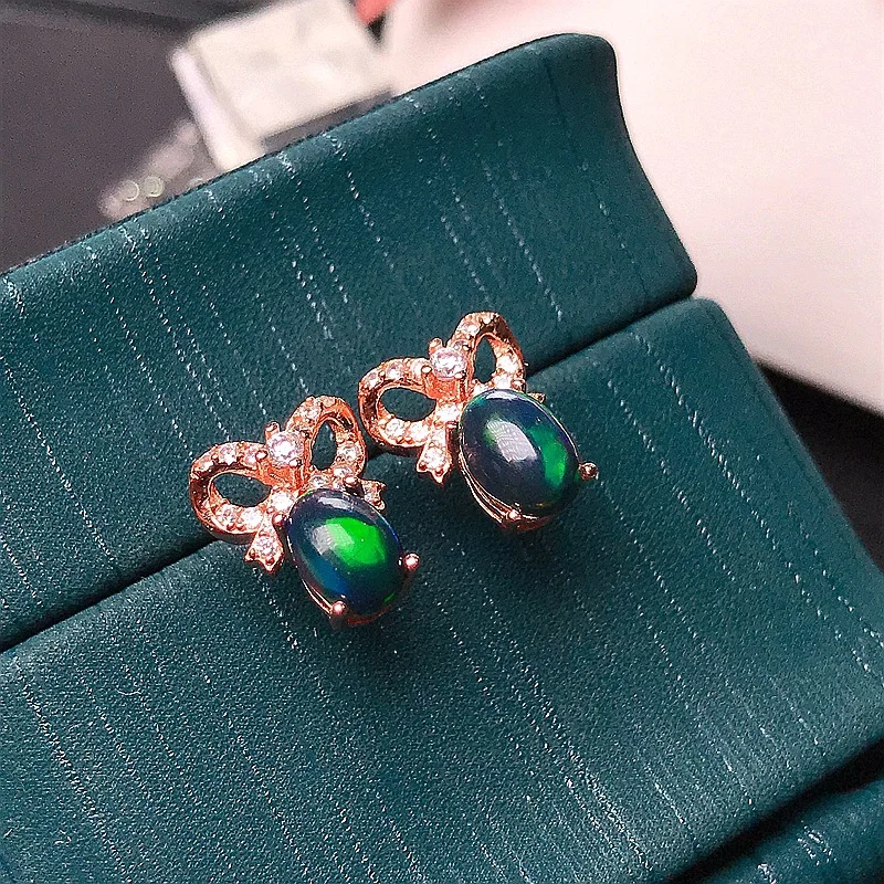 

Jewelry Black Opal Stud Earrings for Party 5mm*7mm Dyed Black Opal Earrings 925 Silver Black Opal Jewelry