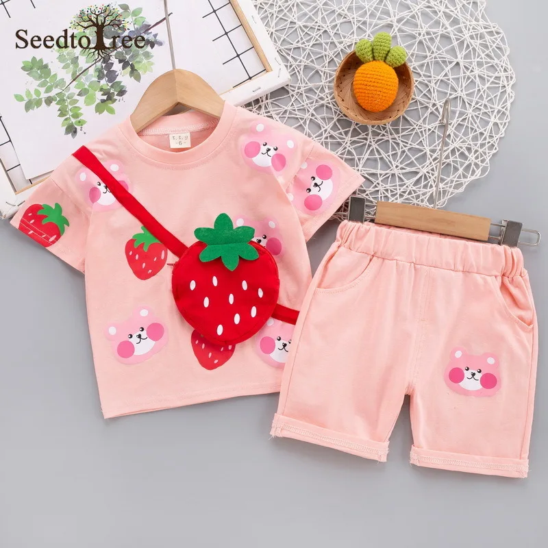2022 Summer Casual Children's Sets Strawberry Printed Round Neck Short Sleeve T-Shirt Elastic Waist Shorts Two Piece Suit