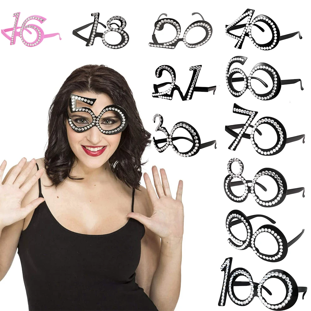 

18/20/21/30/40/50/60/80/90/100th Birthday Crystal Glasses Funny Photo Booth Props Anniversary Decor Party Favors Novelty Eyewear