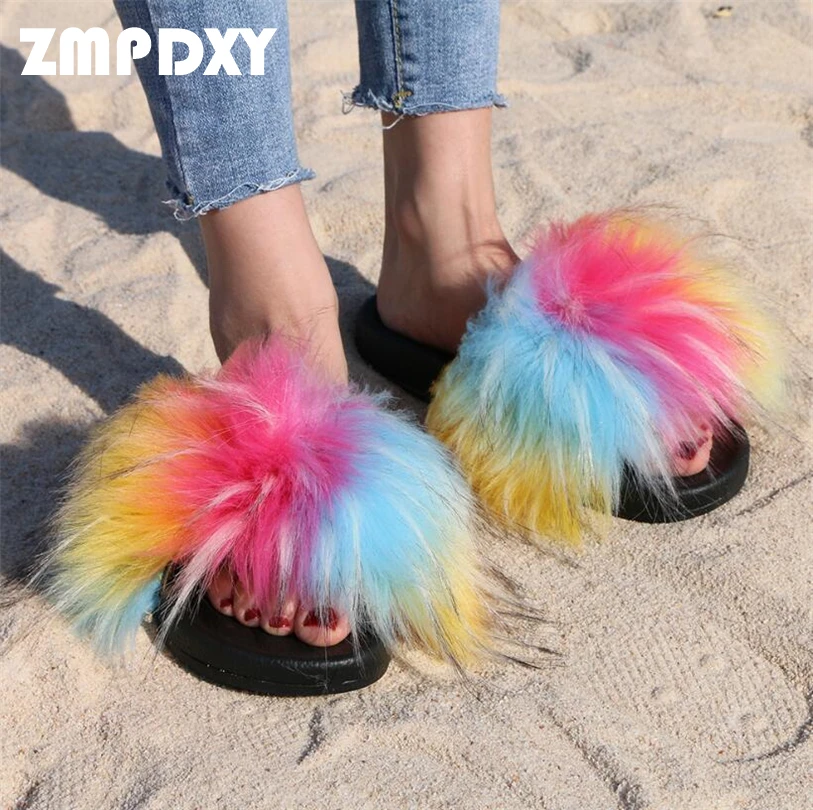 

Hot Sale Summer Girls Casual Fluffy Slippers Fake Fur Slippers Soft Platform Plush Slides Vacation Seaside Beach Shoes Sandals