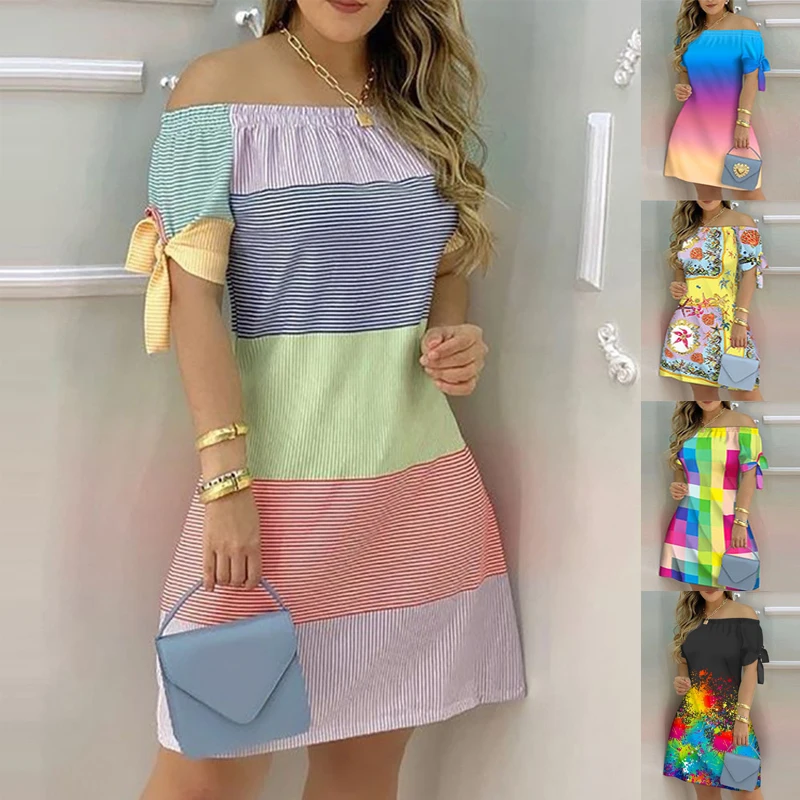

Women Off Shoulder Dress Sexy Short Sleeve Bow Tie Floral Print Dresses Fashion Loose Striped Color Female Mini Dress Vestidos