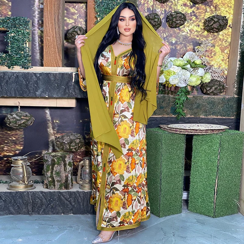 Print Abayas For Women Dubai 2022 With Belt Turkish Hijab Middle East Jalabiya Eid Muslim Kaftan Dresses Abaya Jellaba Moroccan