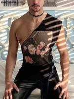 party nightclub style new mens slanted shoulder waistcoat incerun tops 2022 sexy male rose printed loose sleeveless vests s 5xl