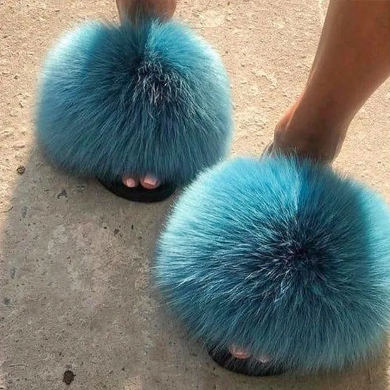 

Big Fur Slides Real Fox Raccoon Fur Slippers Women Fluffy Flip Flops Beach Flat Sandals Indoor Cozy Slippers Female Summer Shoes