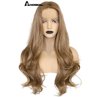 anogol synthetic light brown long natural wavy t part lace wigs 28inch brown color fake hair heat resistant fiber wig for women