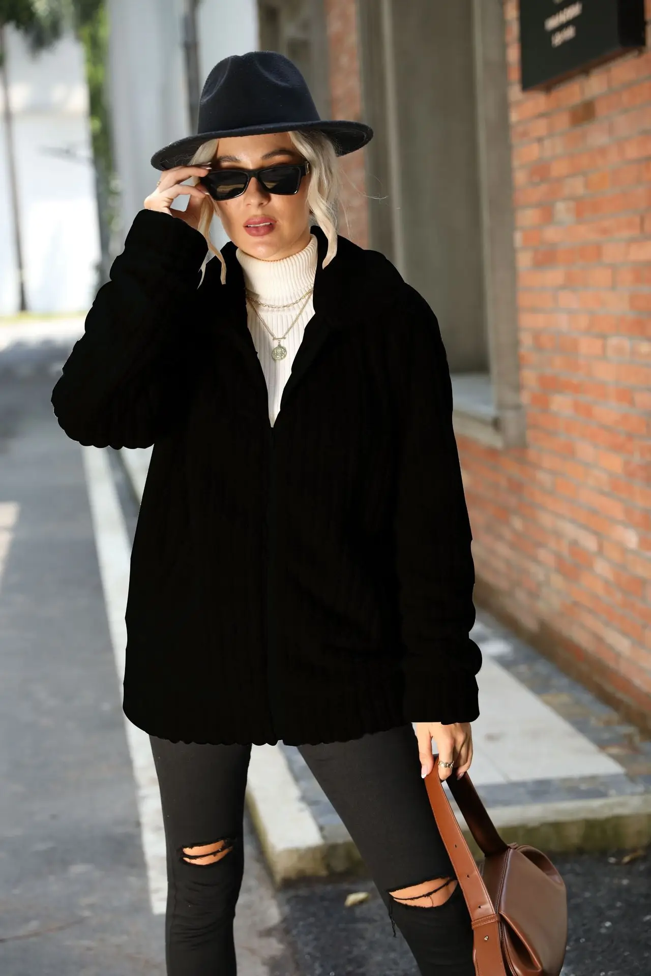 Fashionable new style women's lapel pit strip zipper long sleeve solid color medium long reversible plush coat