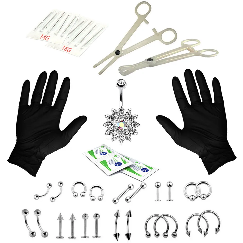 

8pcs-41pcs Tongue Eyebrow Nose Belly Button Body Jewelry Piercing Rings Clamp Gloves Needles Tool Kit Ear Plug Prong Studs Hot