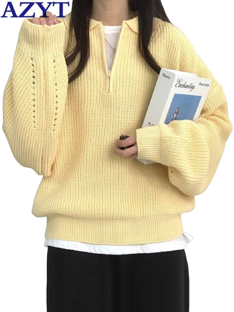 

AZYT Casual Zipper Women Sweater Pullovers Solid Color Soft Turn Down Collar Knit Jumper Female 2022 Autumn Winter Knitwear Tops