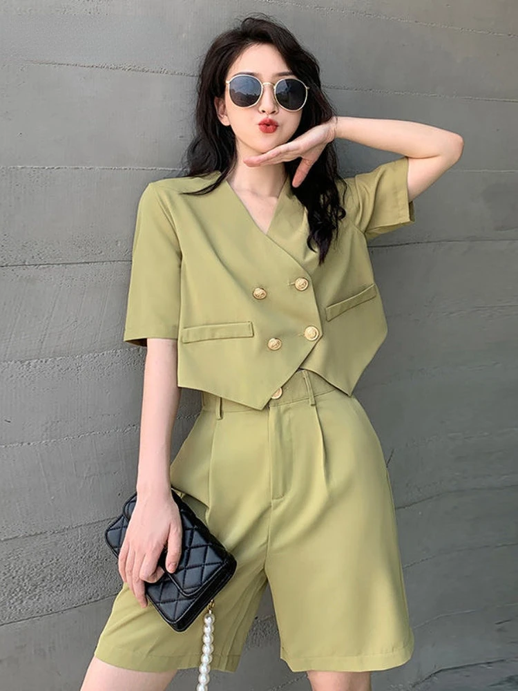 

2023 Summer New In Women's Suit Short Sleeve Pants Set Korean Fashion Casual Shorts Two Piece Sets Womens High Quality Outifits
