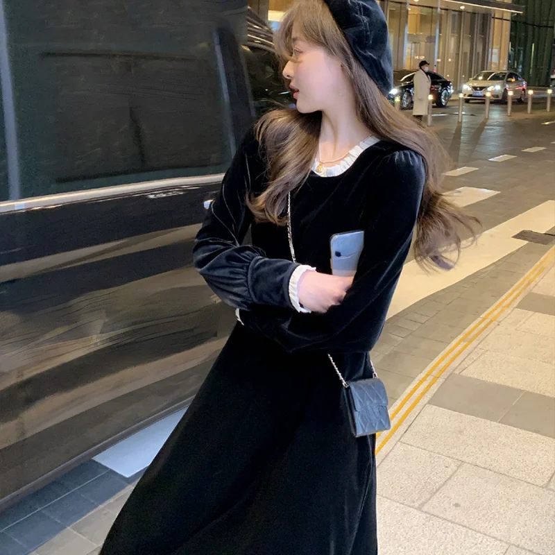 

Bow Puff Sleeve New Retro Court Gentle England Velvet Long Bandage Black Slim Temperament Lace O-neck Woman Dress