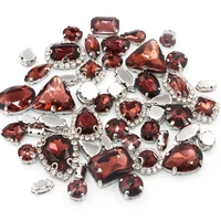 wholesale wine red 50pcs mixed size and shape glass sew on rhinestones with silver claw for diy crafts decoration jewelry