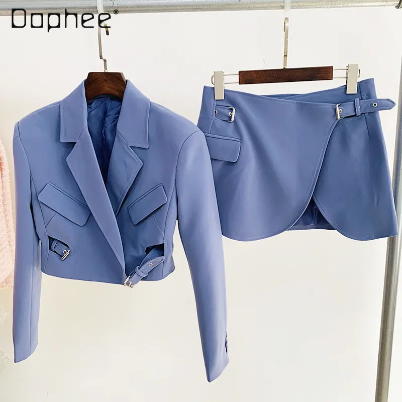 Women's Outfit Personalized Purple Buckle Short Suit Jacket Streetwear and Mini Skirts Suit Two-Piece Set 2022 Autumn and Winter