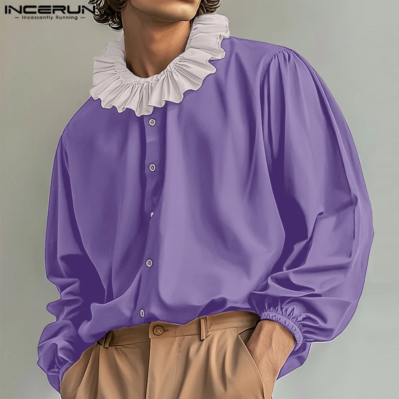 Модные хорошо облегающие топы INCERUN 2024 новые мужские рубашки с контрастным