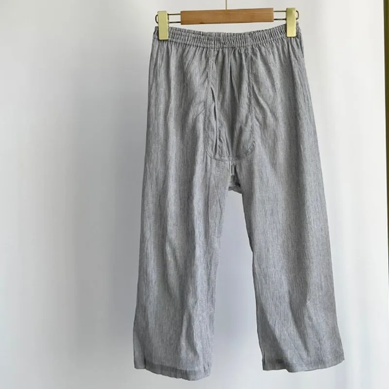 Summer men's pajamas home cropped pants light cotton and linen single-layer gauze breathable and comfortable