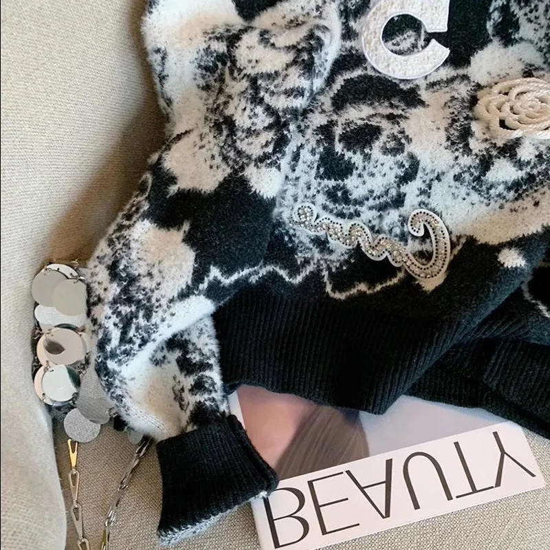 Винтажный женский свитер с цветочным принтом пуловеры свободный трикотажный